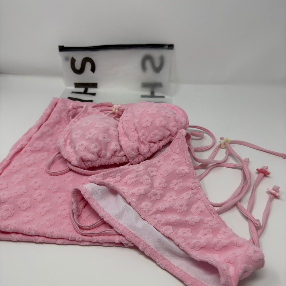 SHEIN Pink Floral Textured 3 Piece Bikini Set with Sarong Cover Up Small - Picture 6 of 8